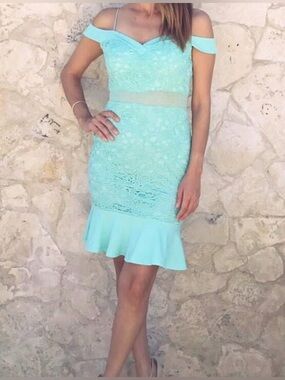 Entry Aqua Lace Off-Shoulder Mini Dress